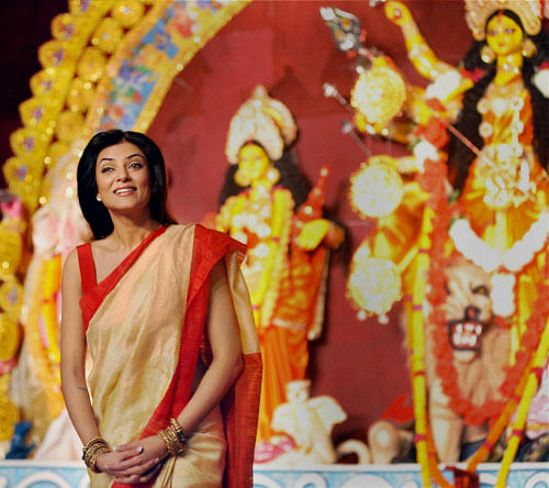 Bollywood Actress Sushmita Sen attends the Sarbojanin Durga Puja at Bandra in Mumbai on Thursday. PTI Photo