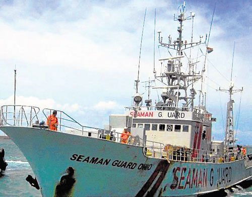 MV Seaman Guard Ohio ship at Tuticorin Port in Tamil Nadu on Monday. The ship has been detained by the Coast Guard after it entered Indian waters carrying illegal arms.  PTI