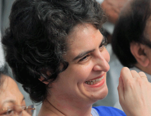 Priyanka Vadra during the foundation stone laying of Forged Rail Wheel Factory by UPA Chairperson Sonia Gandhi at Lalgunj in Raebareli on Tuesday. PTI Photo