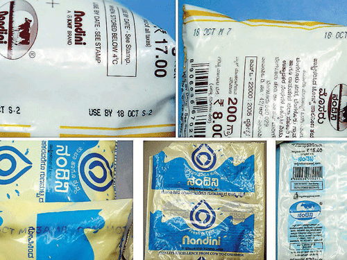 Samples of sachets of Nandini milk and curd bought on Thursday. DH Photo
