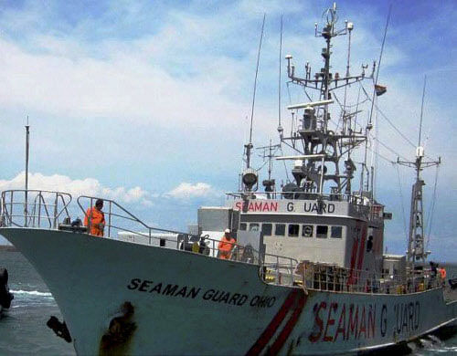 MV Seaman Guard Ohio ship at Tuticorin Port in Tamil Nadu on Monday. The ship has been detained by the Coast Guard after it entered Indian waters carrying arms and ammunition illegally. PTI Photo