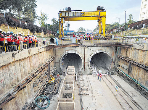 Ground reality: Work on Metro tunnel is in progress on KR Road. DH Photo
