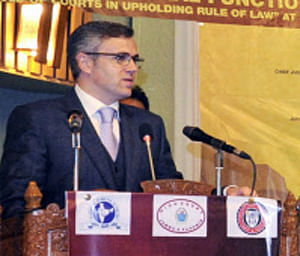 Jammu and Kashmir Chief Minister Omar Abdullah addressing the 3rd Regional Judicial Conference (North Zone) at SKICC in Srinagar on Friday. PTI Photo