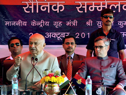 Union Home Minister Sushilkumar Shinde with Jammu and Kashmir Chief Minister Omar Abdullah addressing a press conference in Samba sector of Jammu on Tuesday. PTI Photo