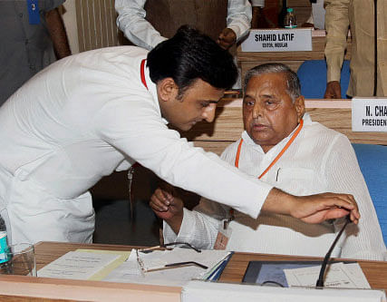 Samajwadi Party President Mulayam Singh Yadav along with Uttar Pradesh Chief Minister Akhilesh Yadav. PTI file photo
