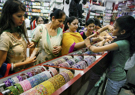 Women shop for bangles ahead of Karwa Chauth festival in Jammu on Friday. PTI Photo