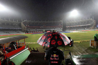 Rains disrupt the play during the 4th ODI cricket match between India and Australia at JSCA Stadium in Ranchi on Wednesday. PTI Photo