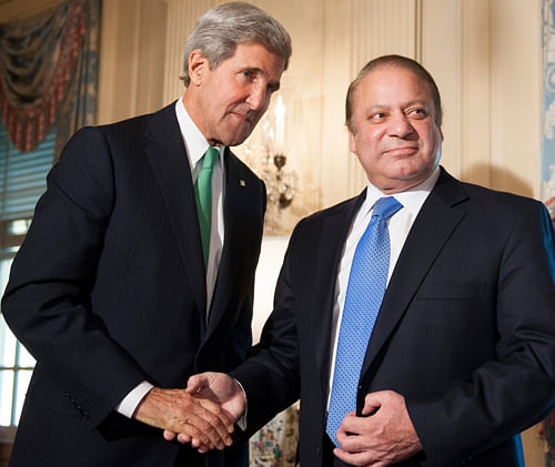 Secretary of State John Kerry meets with Pakistan Prime Minister Nawaz Sharif at the State Department in Washington. In the rocky relationship between the U.S. and Pakistan, the mere fact that President Barack Obama and Pakistani Prime Minister Nawaz Sharif will sit down together at the White House on Wednesday, Oct. 23, is seen as a sign of progress. Few breakthroughs are expected on the numerous hot-button issues on their agenda Wednesday, including American drone strikes and Pakistan's alleged support of the Taliban.  AP Photo.