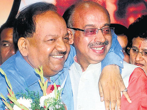 Delhi BJP Chief Vijay Goel (right) greets Harsh Vardhan, after he was declared the party's chief ministerial candidate for the Delhi assembly polls in New Delhi on Wednesday. PTI