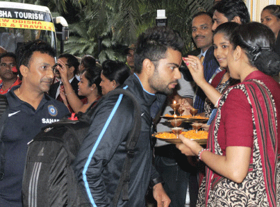 Members of India cricket team arrive in Bhubaneswar on Thursday. PTI Photo