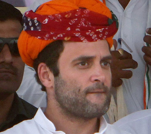 Congress Vice President Rahul Gandhi during a public rally at Kherli in Alwar district on Wednesday. BJP today lodged a complaint with the Election Commission seeking action against him and Congress for violating the Model Code during his speeches in Churu and Kherli (Alwar) in Rajasthan. PTI File Photo