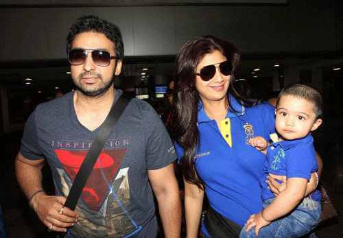 Bollywood actress Shilpa Shetty with her son Viaan and husband Raj Kundra. File PTI photo