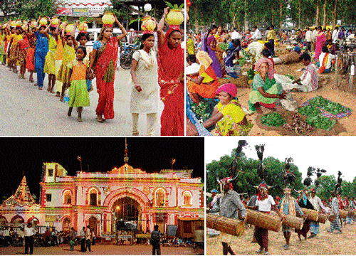 Celebrations: (Clockwise from top left) Young girls take part in 'Kalash Sthapna', a ritual of Bastar Dussehra; barter system is still their way of life; a performance by bison-horn Murias, a tribe; Danteshwari Temple in Jagdalpur. photos by author