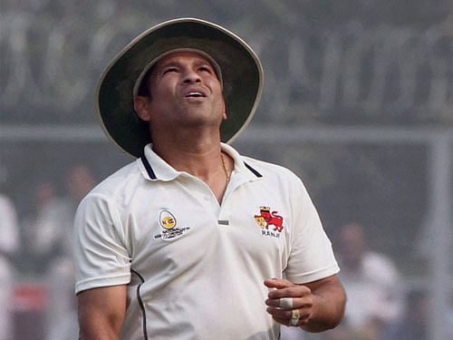 Sachin Tendulkar during the opening session of the Ranji Trophy match played between Haryana and Mumbai at the Bansi Lal stadiumin Rohtak on Sunday. PTI Photo