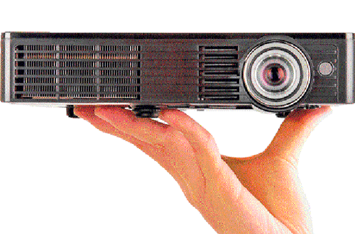 A handout of the Viewsonic PLED-W500 projector. The laptop-sized projector features buttons that light up, one gigabyte of built-in storage and no power brick on the cord.  NYT