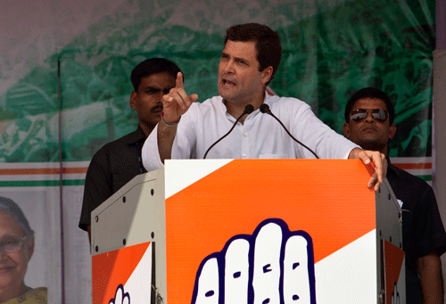 Congress party Vice President Rahul Gandhi speaks during a rally in New Delhi. AP Photo