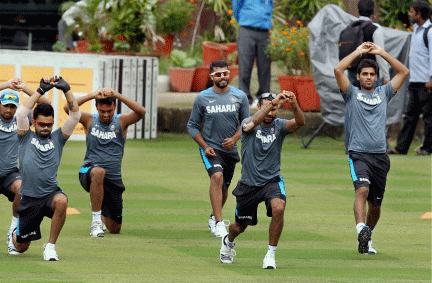 Indian players during a practice session in Ranchi ahead of the 4th ODI cricket match against Australia. PTI Photo