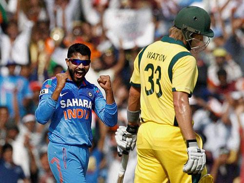 India's Ravindra Jadeja celebrates the wicket of Australian batsman Shane Watson (later declared not out as the delivery was a no-ball) during their 6th ODI cricket match in Nagpur on Wednesday. PTI Photo