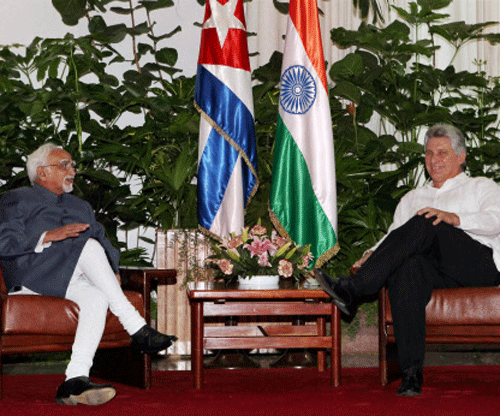 Vice president Hamid Ansari during a meeting with the first Vice President of the council of state of Cuba at the Revolution Palace in Havana on Wednesday. PTI photo
