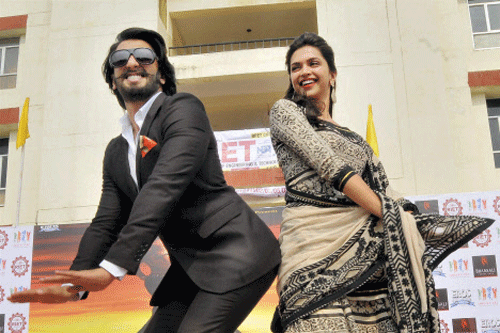 Actors Ranveer Singh and Deepika Padukone dance during promotion of their upcoming film 'Ram-Leela' in Jaipur on Saturday. PTI Photo