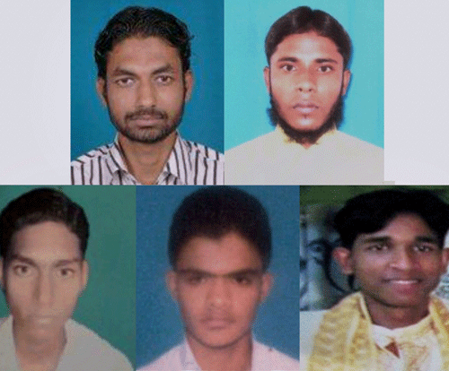 Photos of Indian Mujahideen wanted in the Bodh Gaya and Patna Blasts by the National Investigation Agency (NIA) on Sunday. An award of Rs ten lakhs has been announced on (L to R, upper row) Tahseen Akhtar and Haider Ali. Rs five lakhs reward on (L to R, lower row) Numan Ansari, Taufeeq Ansari and Mojibullah. PTI Photo
