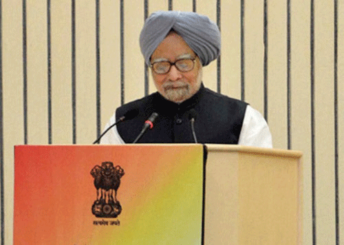 Prime Minister Manmohan Singh addresses the Indian ambassadors/High-Commissioners conclave in New Delhi on Monday. PTI Photo
