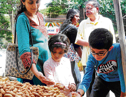 Nutty affair Visitors buy groundnuts at the 'Kadalekai Parishe', the annual groundnut mela, in Basavanagudi on Sunday. DH photo