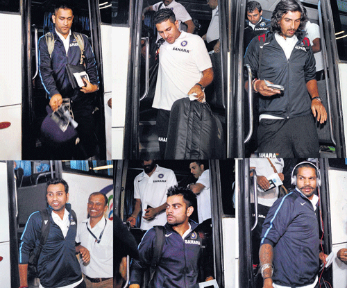 The Indian team members ahead of their departure to South Africa in Mumbai on Sunday night. pti