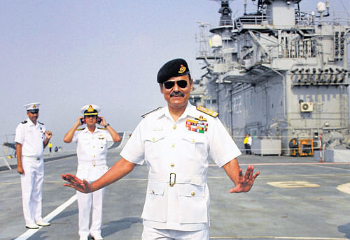 Flag Officer Commanding-in-Chief,Western Naval Command,Vice Admiral Shekhar Sinha onboard the Indian Navy's Aircraft Carrier, the INS Viraat inMumbaion Tuesday. PTI