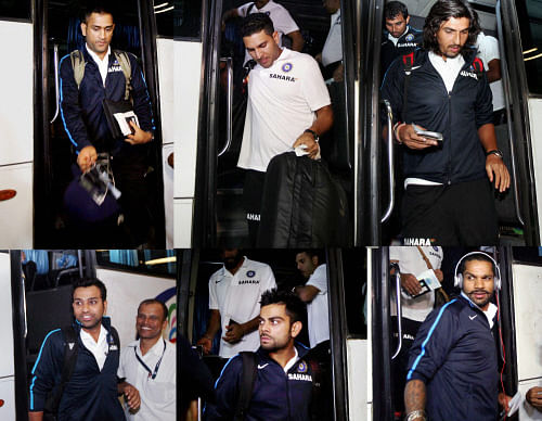 Indian cricket team players MS Dhoni, Yuvraj Singh, Ishant Sharma, Rohit Sharma, Virat Kohli and Shikhar Dhawan before their departure for South Africa tour from the International Airport in Mumbai on Sunday night. PTI Photo