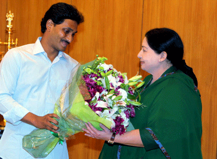 YSR Congress Party President YS Jagan Mohan Reddy meets Tamil Nadu Chief Minister J Jayalalithaa to seek her support for the United Andhra Pradesh, at Secretariat in Chennai on Wednesday. PTI Photo