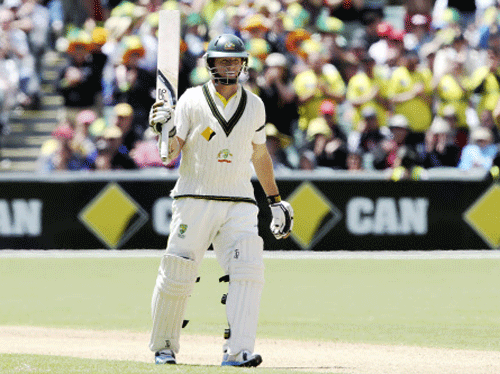 Australia's Chris Rogers celebrates his fifty during their second Ashes cricket test match against England in Adelaide, Australia, Thursday, Dec. 5, 2013. (AP Photo)