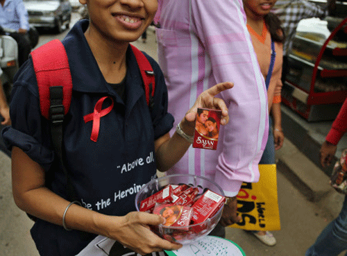The Dutch health activist is serious about popularising the novel concept. To promote the idea and create awareness, she, along with other activists, has been working around the globe for the last four months, carrying the belly tray laden with a range of female condoms. AP photo for representation only