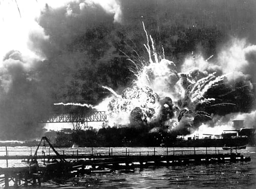 In this Dec. 7, 1941 file photo, the destroyer USS Shaw explodes after being hit by bombs during the Japanese surprise attack on Pearl Harbor, Hawaii. Saturday marks the 72nd anniversary of the attack that brought the United States into World War II. (AP File Photo)