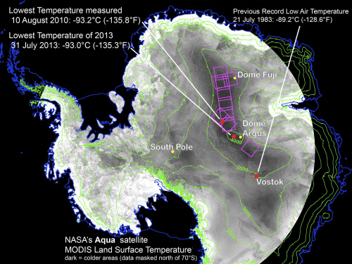 With remote-sensing satellites, scientists have found the coldest places on Earth, just off a ridge in the East Antarctic Plateau, as illustrated in this graphic courtesy of NASA released December 9, 2013. They found that the high ridge contains pockets of trapped air that dipped as low as minus 136 Fahrenheit (minus 93 degrees Celsius) on August 10, 2010, researchers said at the American Geophysical Union meeting in San Francisco on Monday. REUTERS