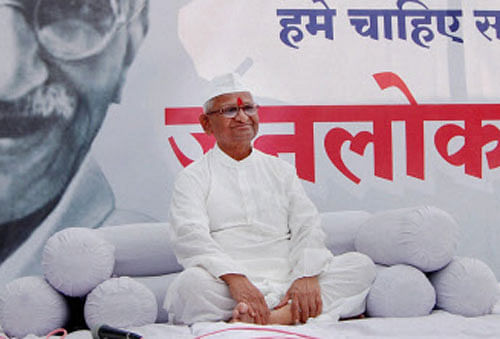 Social activist Anna Hazare during his indefinite hunger strike for Jan Lokpal Bill, at his village in Ralegan Siddhi in Ahmednagar district. PTI File Photo
