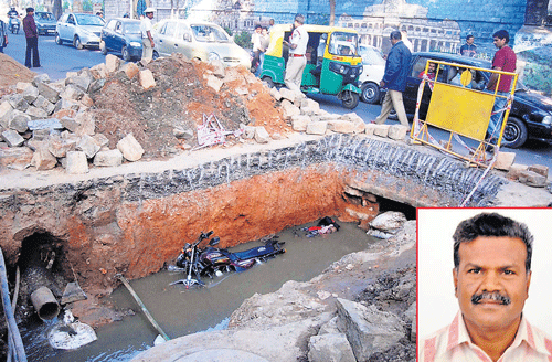 whom to blame?: The drainage pit in Hanumanthanagar into which TV actor Ashok Kumar (inset) plunged along with his two-wheeler in the early hours of Sunday. DH Photo