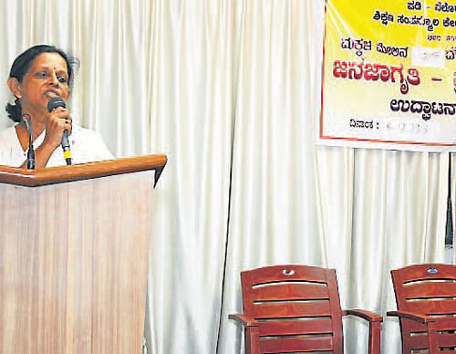 Child Welfare Committee Chairperson Asha Nayak speaks at an awareness programme on Protection of Children from Sexual Offences Act, 2012 (POCSO Act) in Mangalore on Monday.