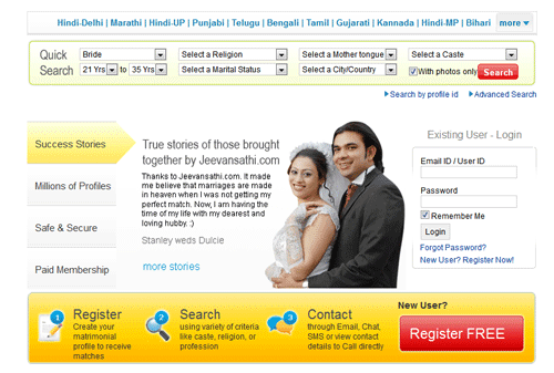 Screen shot taken from a matrimonial website