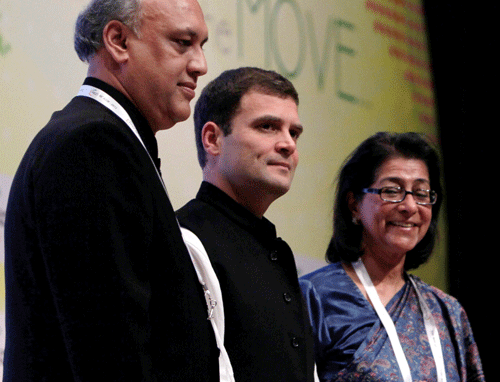 Congress Vice President Rahul Gandhi with FICCI President Naina Lal Kidwai and President-elect Sidharth Birla at 86th Annual General Meeting of FICCI in New Delhi on Saturday. PTI Phot