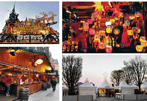 Shopping destination: (Clockwise from top left) Sign for Roncalli Christmas Market, in front of Hamburg's town hall;  handicrafts at the market; a stall at the White Christmas Market; wooden cabins at St Petri Market. Photos by author