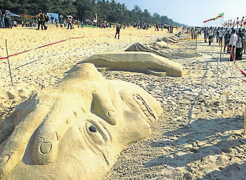 fun time: Sand sculptors created by the students of Gurukula Public School at Vakvadi. dh photo