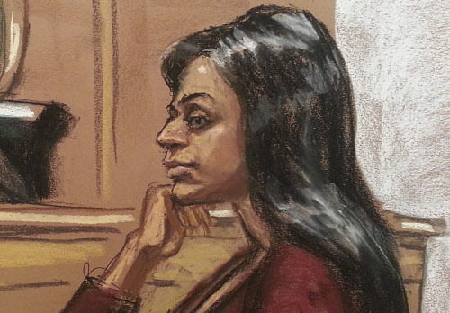 India's Deputy Consul General in New York, Devyani Khobragade, sits at her arraignment in Manhattan Federal court in New York in this sketch from December 12, 2013. Reuters.