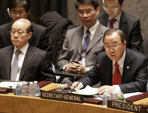 China's U.N. Ambassador Liu Jieyi, left, listens as United Nations Secretary General Ban Ki-moon speaks during a United Nations Security Council meeting at United Nations headquarters, Tuesday, Dec. 24, 2013. The U.N. Security Council voted to temporarily increase the U.N. peacekeeping force in conflict-torn South Sudan to 12,500 troops from 7,000, a nearly 80 percent increase. AP Photo