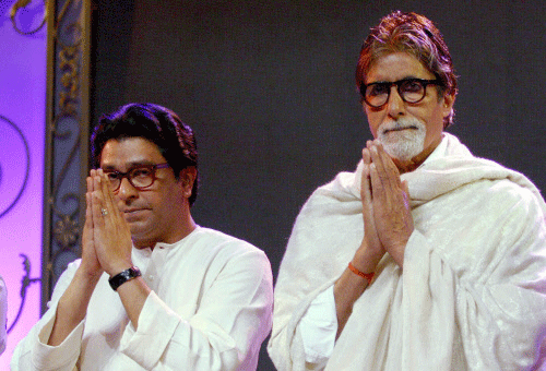 MNS Chief Raj Thackeray and Bollywood Super Star Amitabh Bachchan during the launch of Insurance policy for cine artists, an initiative by Maharashtra Navanirman Chitrapat Sena, in Mumbai. PTI Photo