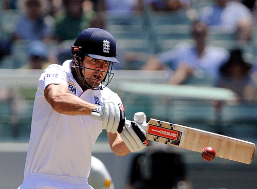 England's Alastair Cook drives a delivery against Australia during their Ashes cricket test match, Saturday, Dec. 28, 2013, at the Melbourne Cricket Ground in Melbourne, Australia. Australia are all out for 204 runs in reply to England's first innings of 255. AP