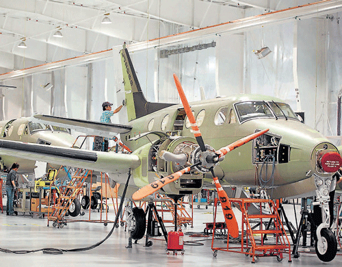 A file photo of aircraft on the assembly line at Beechcraft's plant in Wichita, Kansas, USA. AP