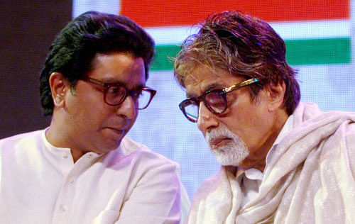 MNS Chief Raj Thackeray and Bollywood Super Star Amitabh Bachchan during the launch of Insurance policy for cine artists, an initiative by Maharashtra Navanirman Chitrapat Sena, in Mumbai on Monday. PTI Photo