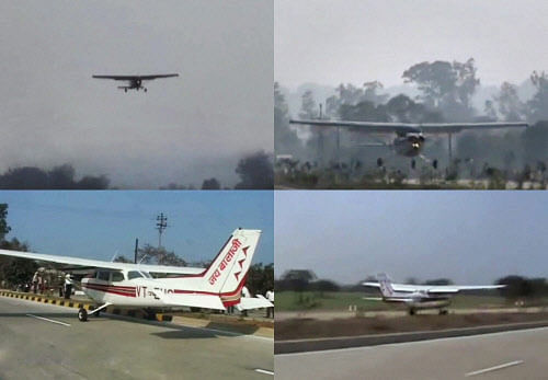 (Clockwise) Combo picture of a four-seater private plane making an emergency landing on a busy highway at Betul, Madhya Pradesh on Tuesday. PTI Photo/TV GRAB