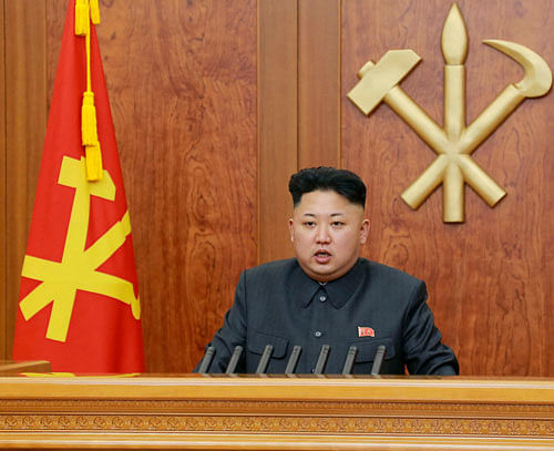 North Korean leader Kim Jong Un delivers a speech during his New Year address in this undated photo, released by Kyodo January 1, 2014. Reuters
